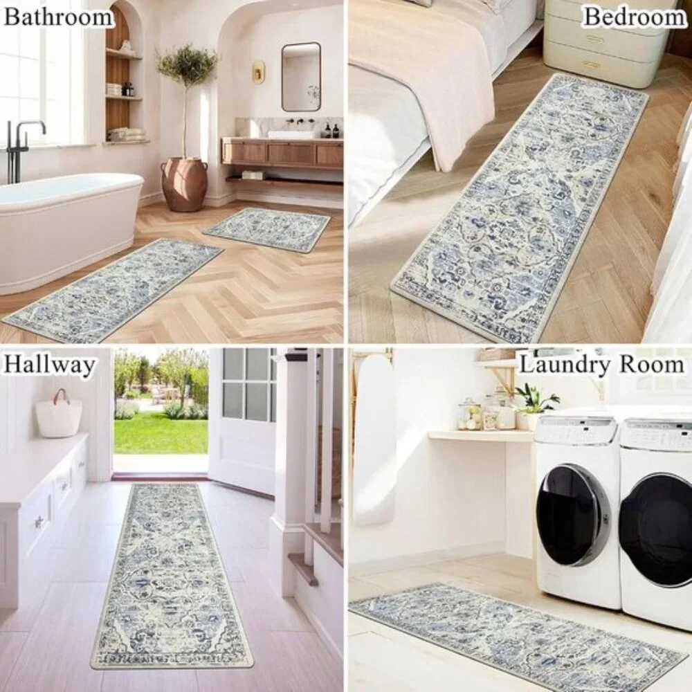 New 2Pcs Blue Cushioned Kitchen Rug Set, Waterproof Anti Fatigue Non Slip Mats